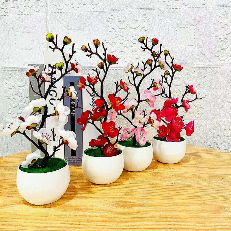 Small Plastic Artificial Realistic Red Bonsai Rosales Flowering Plum Blossom Potted Plants