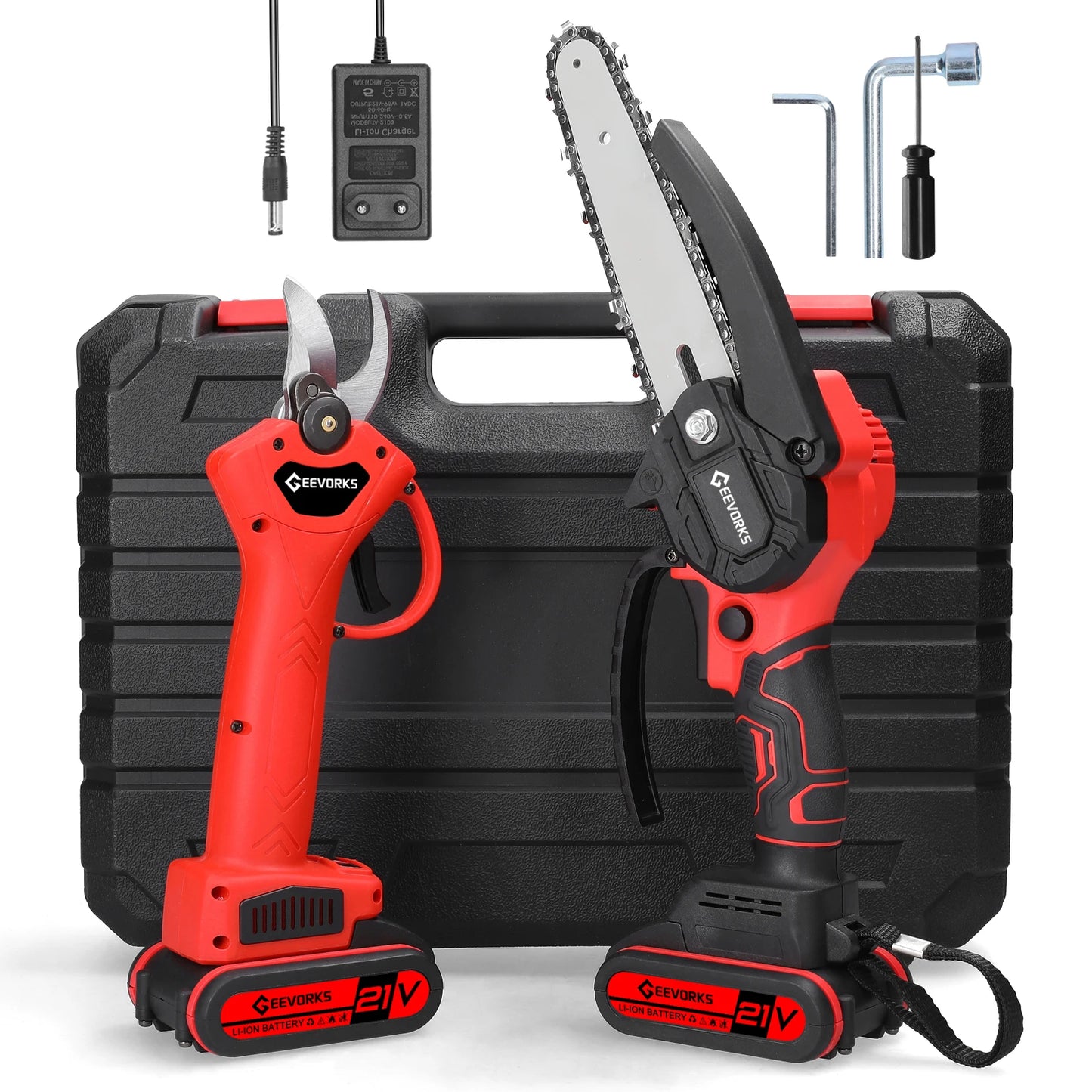 KKMOON Outdoor Plastic Red-Black-Gray Body 6 Inch Chain Wheel Guide Plate Child-Safety Lock Handheld 21V Cordless Lithium Battery-Powered Rechargeable Metal Electric Pruning Chainsaws/2 Lithium Batteries Included