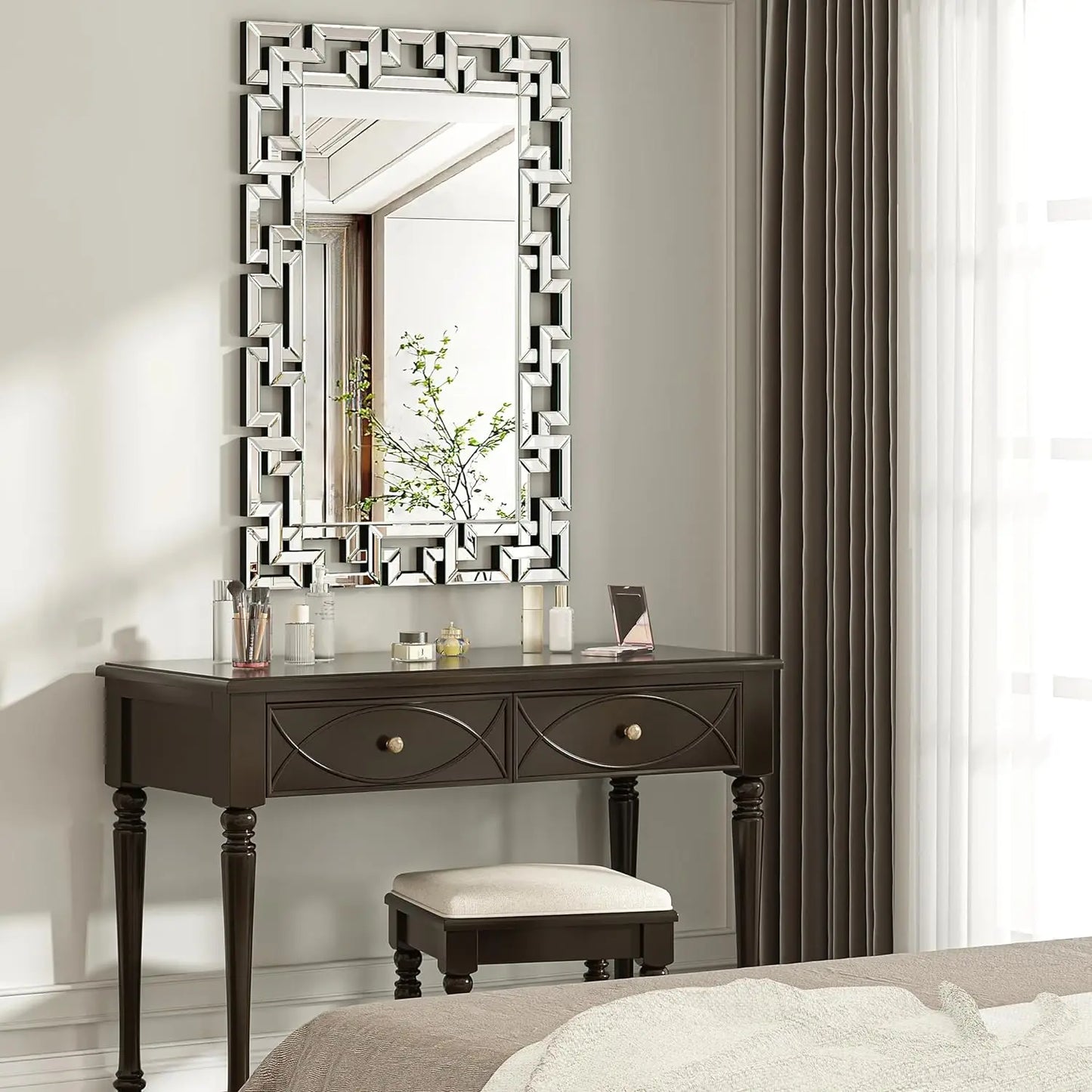 Large Rectangle Silver Modern Glass Geometric Frameless Mirrors/MDF Board Back Panel/Built-In Hooks On Back/Hardware/Dimension: (L x W x H)100x70cm/ 39.4x27.6 inch