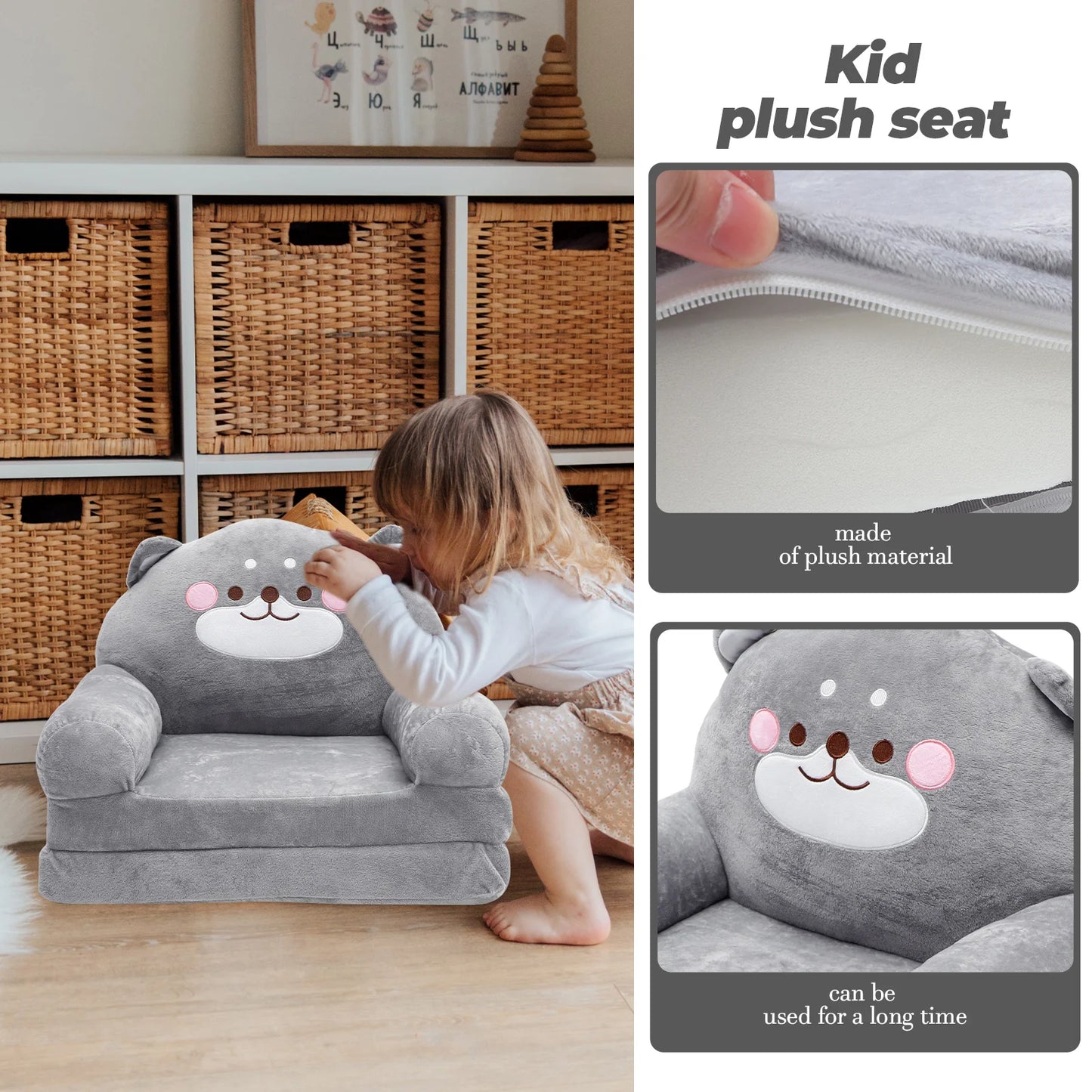 No-EN-Name-Null Modern Baby-Toddlers Cartoon Gray Bear Animal Soft Plush Polyester Fabric Cushions Folding Sofa Armchairs