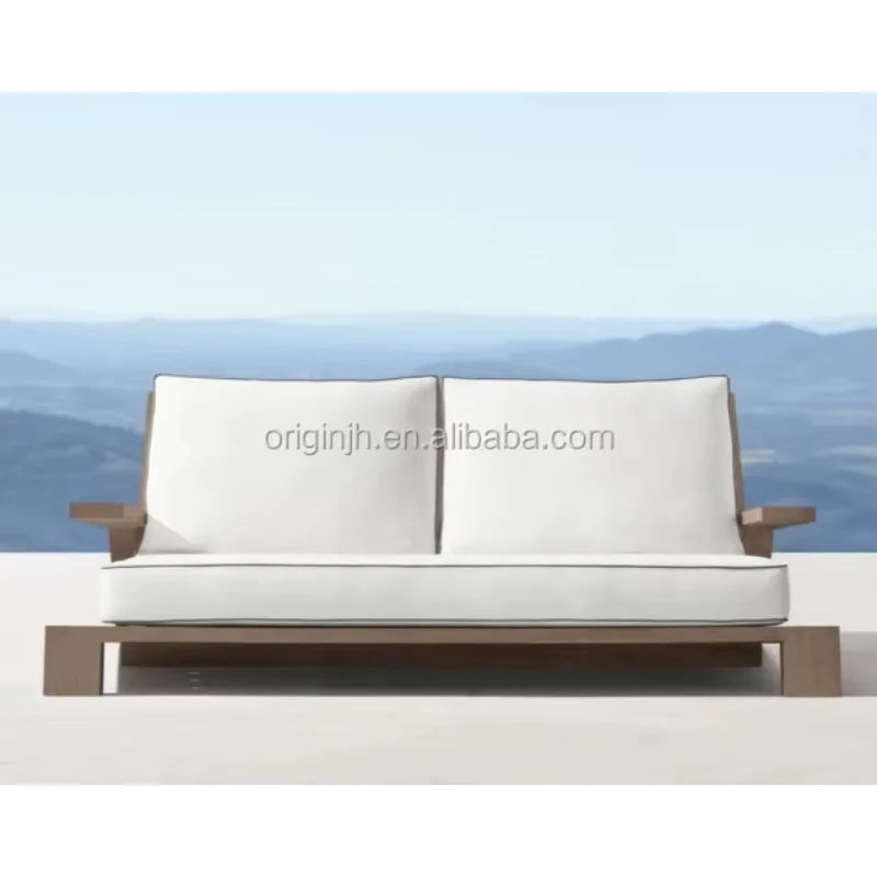 NALLONHU Outdoor Waterproof All-Weather Removable Quick-Dry Synthetic White Fabric Foam Cushion Slipcover UV Protection Brown Myanmar Teak Wood Frame Sofas-Rectangle Shaped Coffee Table Sets/Colors-Brown/White