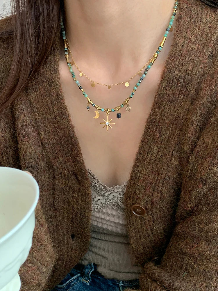 Peri's Box Adult Women Imitation Vintage Green Natural Stone Beaded Pendant Half Moon-Sun-Star Gold-Colored Metal Charm Necklaces/Colors-Gold/Green/Multicolor/Geometric