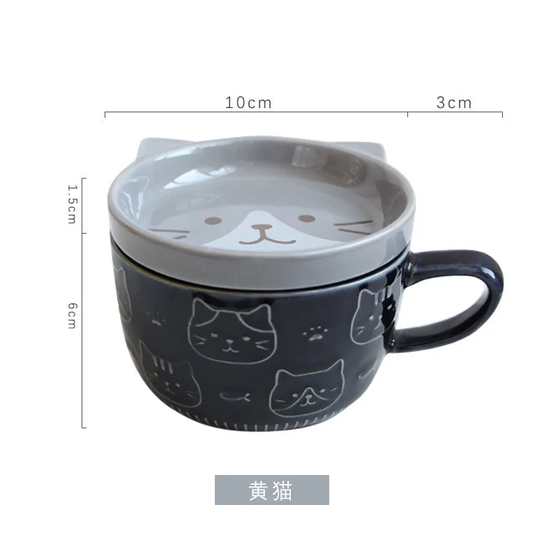 Kitchen Round Japanese Ceramic Funny Cartoon Cute Cat Coffee Mugs-Creative Cover/Colors-Blue/ Brown/Milk Yellow