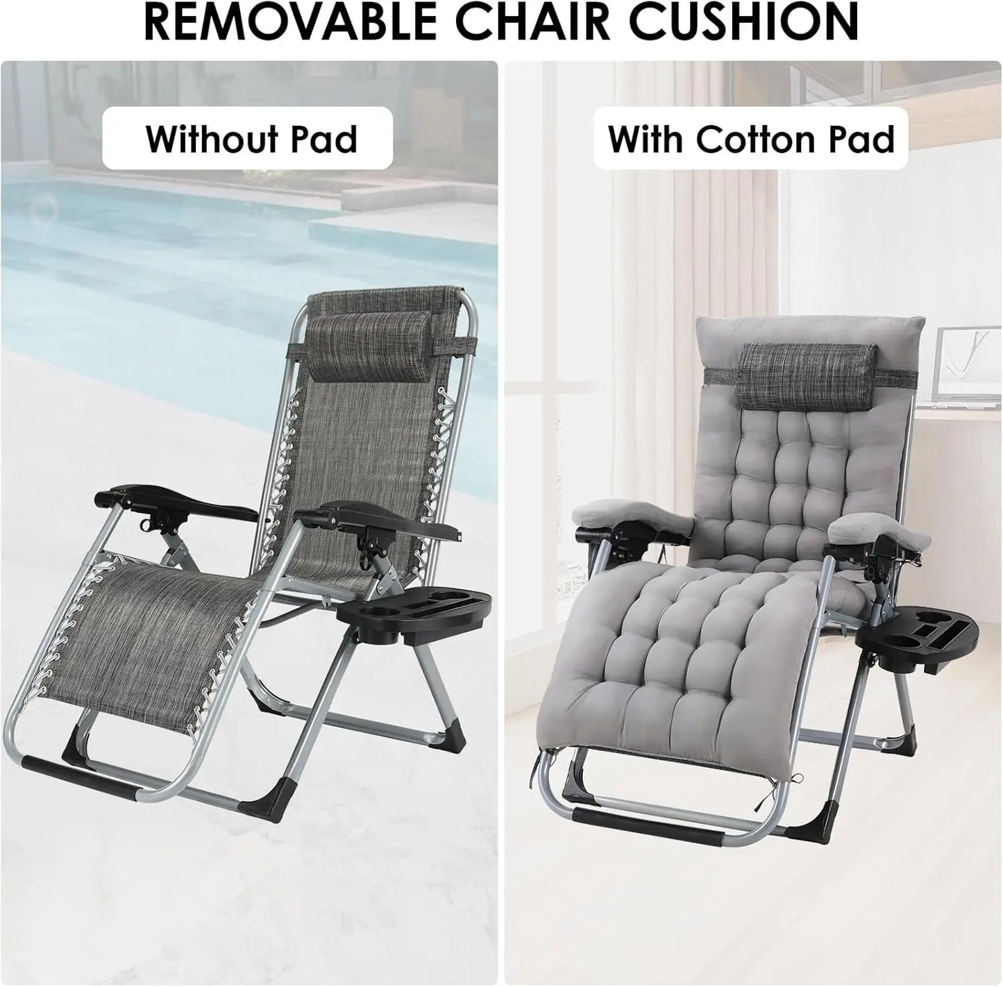 Metal Adjustable Headrest Gray Patio Lounge Chair w/Removable Cotton Cushions/Cup Holders/Size: 160 x 69 x 80 cm 7.6 kg