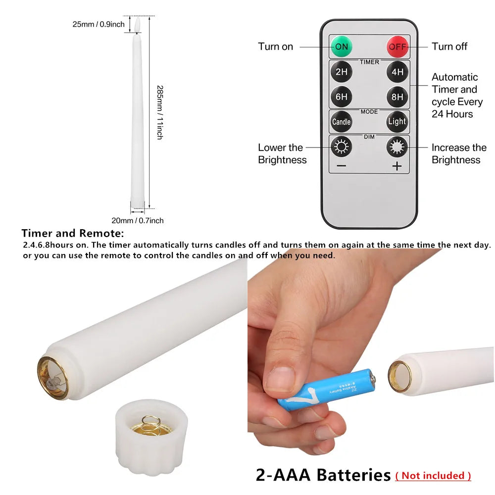 6-24 PCS Set LED White Realistic Round Cylindrical Plastic Flameless Flickering Tall Tapered Handheld Electric Window Candles/Battery: 2-AAA ( Not Included )/ Automatic Timer/1-4 PCS Remote Control