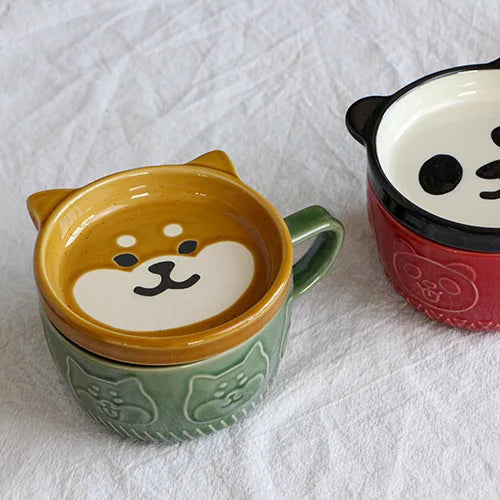 Kitchen Round Japanese Ceramic Funny Cartoon Cute Cat Coffee Mugs-Creative Cover/Colors-Blue/ Brown/Milk Yellow