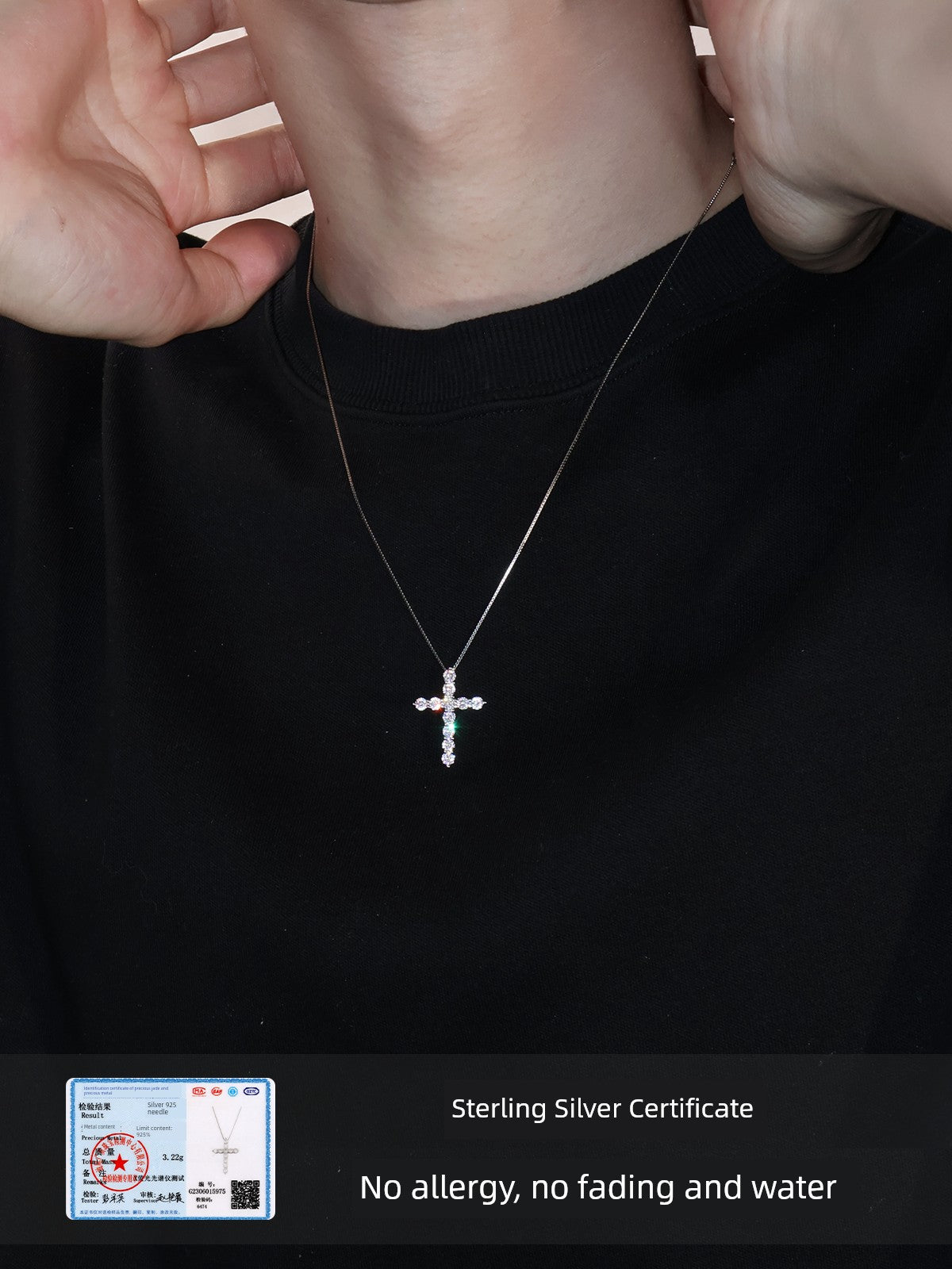 ZHENAI Unisex Fine Imitation Sterling Silver-Plated Metal Shiny Clear White Realistic Diamond-Like Gemstones Cross Pendants-Charms Necklaces