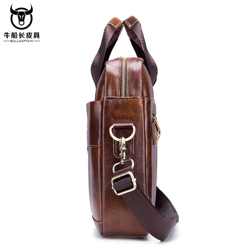 BULLCAPTAIN Cow Leather Zipper Briefcase Polyester Bags/ Handles/ Shoulder Straps/Fits 14 Inch Laptop/Built-In Compartment/Colors-Brown/Black