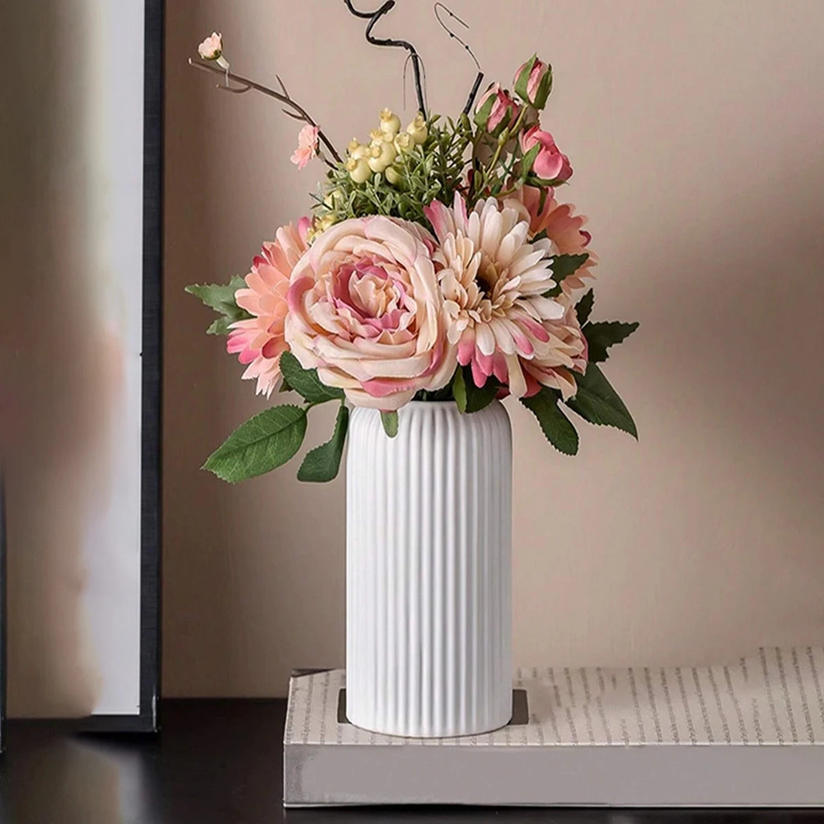 Striped Cylindrical Ceramic-Like Plastic Vases/Colors-White/Black