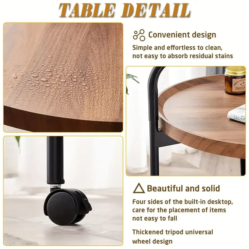 Wood Colored Small Double Layer End Table /3 Tripod Wheels/ Metal Frame/Colors- Gray/Brown/White