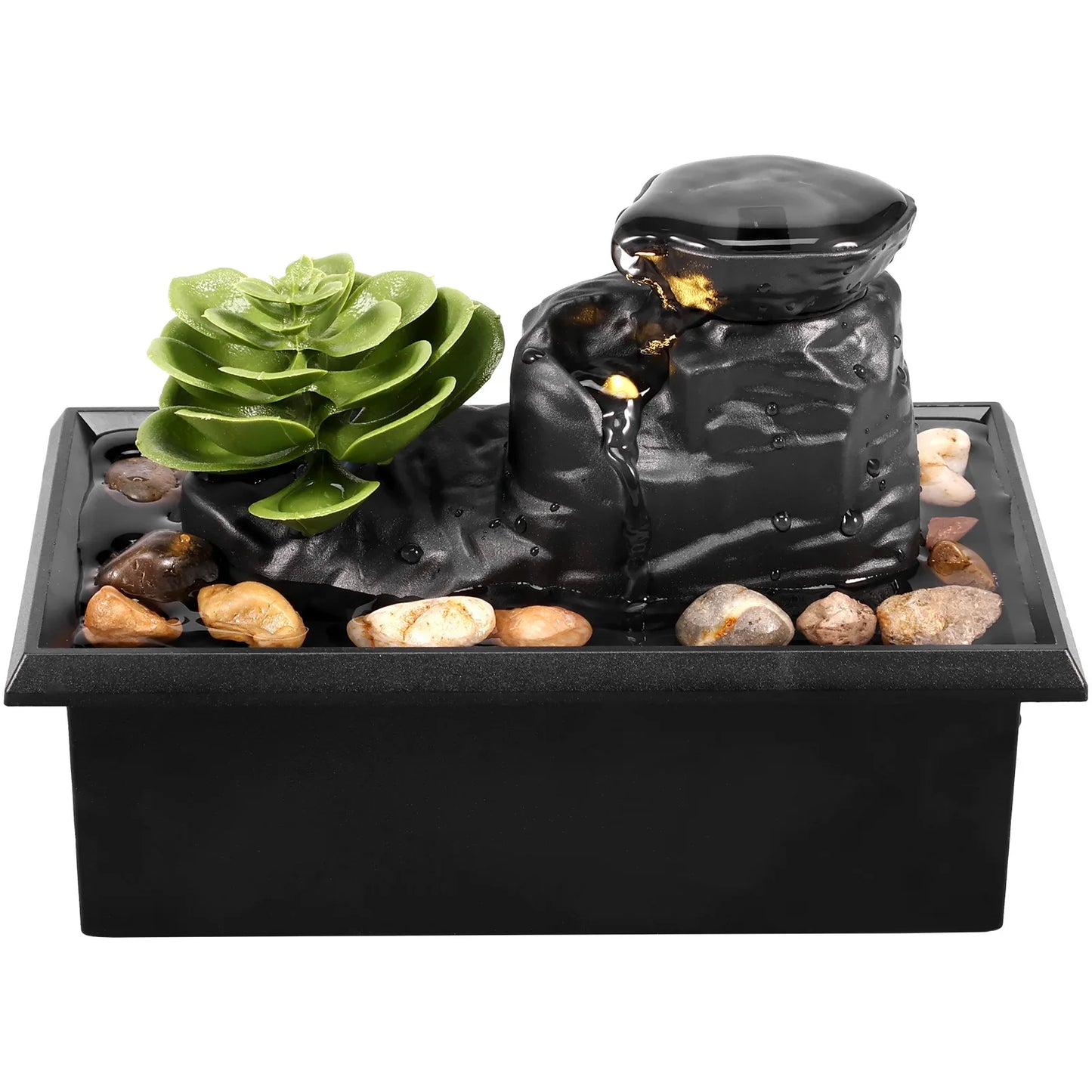 Wood Tabletop Zen Meditation Waterfall Round Succulent Lotus Flower ABS Plastic Square Base Fountain/Light Battery/USB Cable Cord /Bag Of Pebbles/Colors-Black/Gray