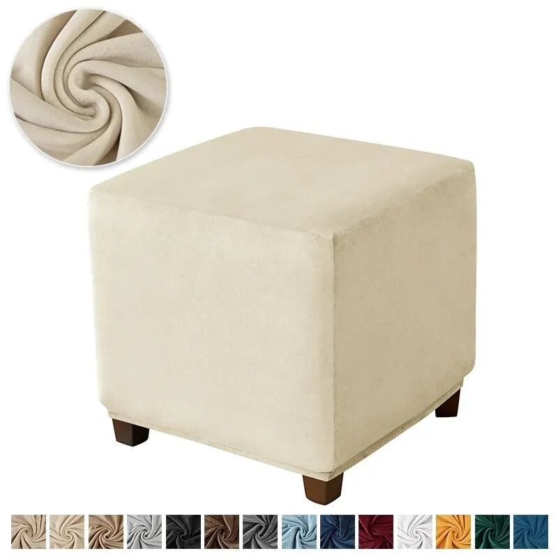 Soft Velvet Cotton-Polyester Square Ottoman Footrest Elastic Slipcovers/Colors-Green/White/Beige/Red/Gray