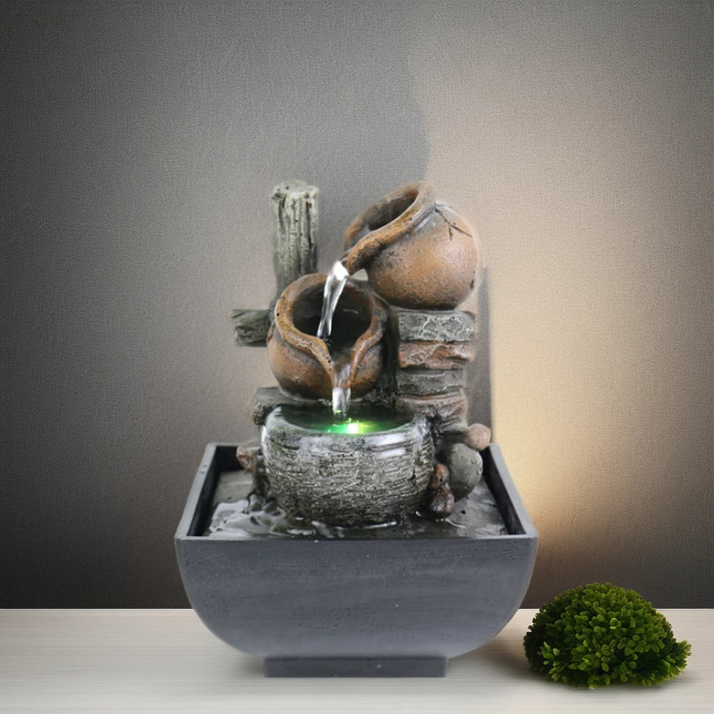 3 Tier Indoor LED Lights Resin Brown-Gray Clay Pots Flowing Water Rocks Black Square Bowl Tabletop Fountains/Colors-Multicolor/ 1-Water Pump Plug