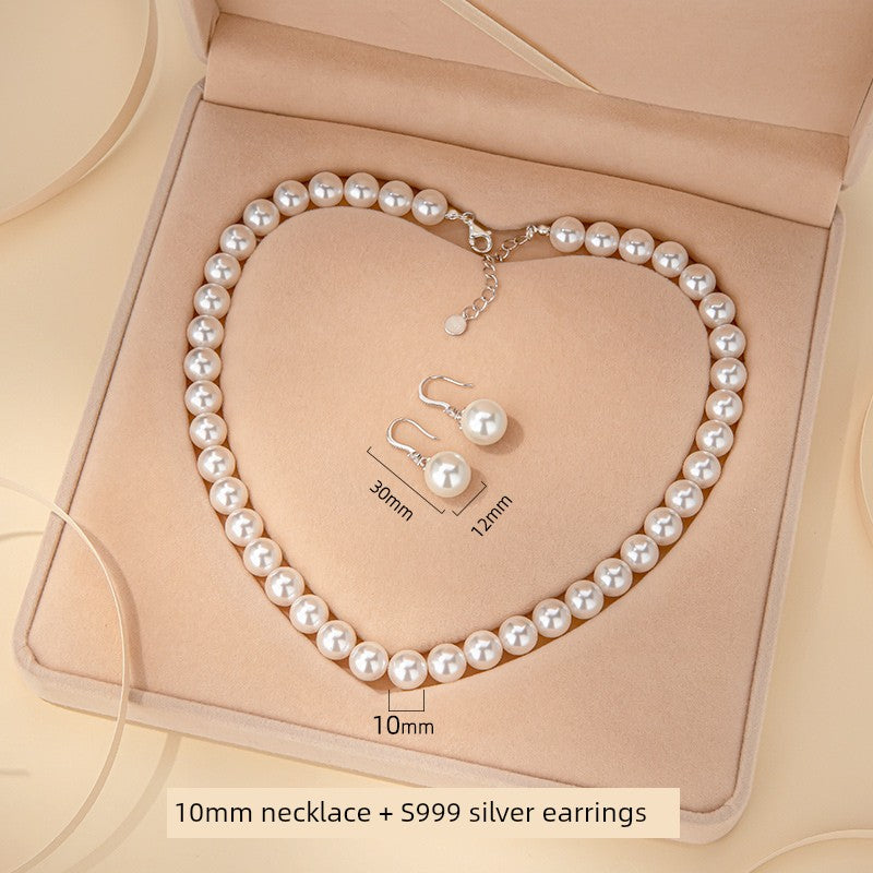 Adult Women Sterling Silver White Pearl Necklace-2 Hanging White Pearl Earrings Fine Imitation Jewelry Sets/Colors-White/Silver