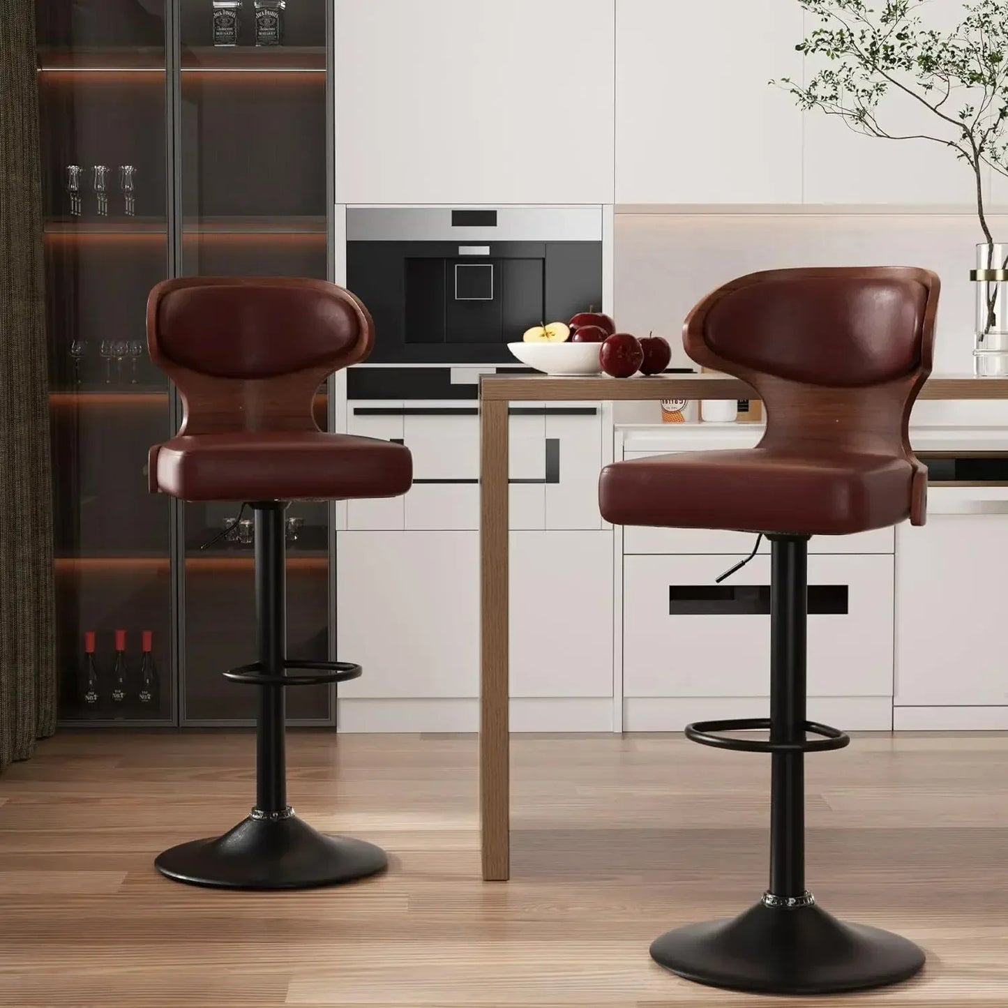 2 pcs L-Shaped Adjustable Height Solid Wood Low Backrest Bentwood Swivel Waterproof Leather Upholstered Cushion Barstools/Black Metal Frame Base /Footrest/Colors-Black/Blue/Green/Brown