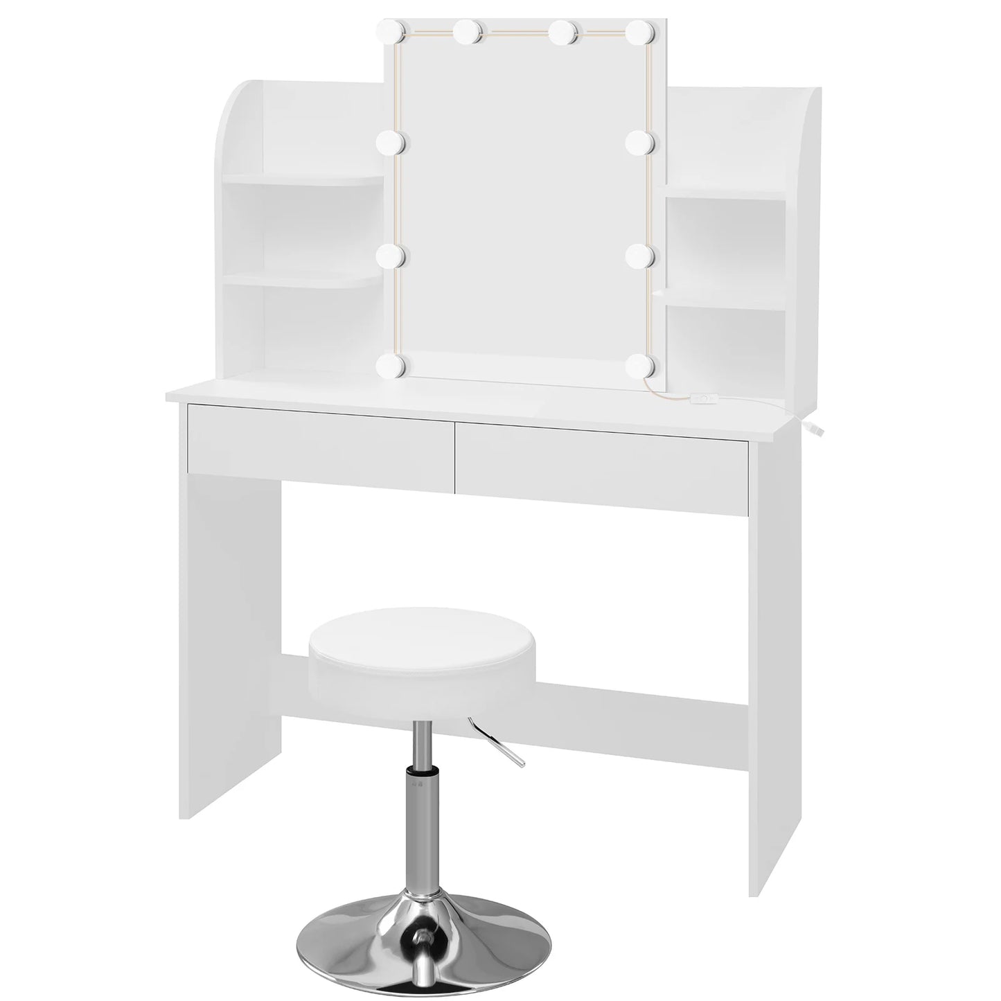 Wood White Vanity Dressing Table Set w/ LED Lighting for Stool/ Height-Adjustable Chair/ Table -108 x 142 x 40 cm (W x H x D)