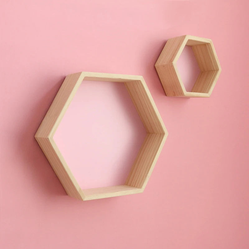 2 PCS Set Kids Wood Wall Mounted Hexagon Shaped Floating Shelves/Colors-Beige/Yellow/Pink/Green