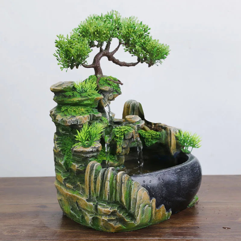 Green Resin LED Lights Indoor Bonsai Tree Foggy Mist Rocky Landscape Flowing Water Desktop Fountain/With US Plug