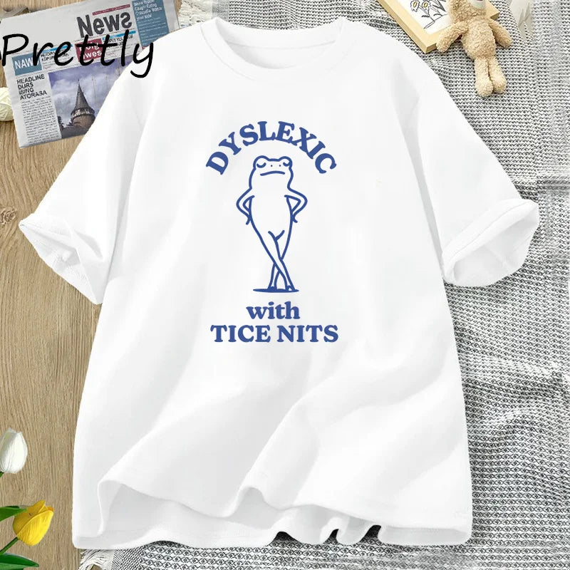 PRETTLY Women Round Neck Saying Dyslexic Tice Nits Funny Cartoon Dyslexia Bear Soft Stretchable Short Sleeve Cotton T-Shirts/Sizes S-3XL In Asian Size/Colors-Beige/Black/Gray/Green/Blue/Yellow/Pink/Red/Multicolor