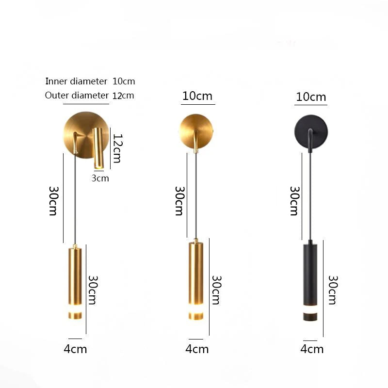 Modern Shadeless LED Aluminum-Acrylic Wall Mounted Painted Hanging Cord Round Cylindrical Wall Lamps/Colors-Black/Gold