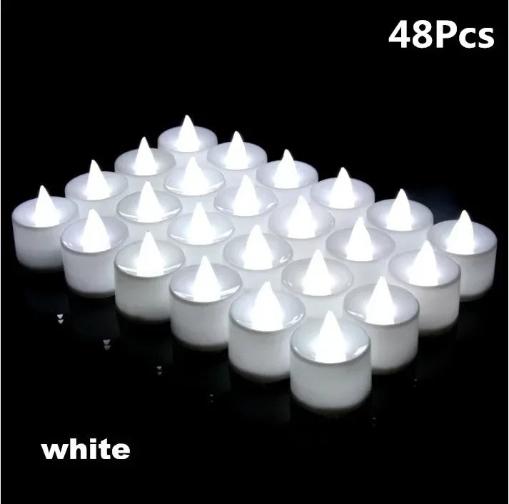 White 12-24-48 PCS Set Small Tealight Plastic Round Flameless LED Electronic Glowing Pillar Candles/Battery Included