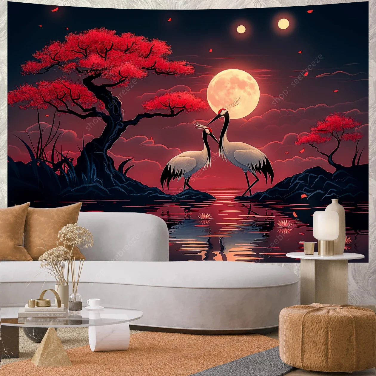 Colorful Green Forest Red Mushrooms Water Flowing Printed Polyester Woven Garden Of Eden Nature Tree Of Life Wall Hanging Tapestries