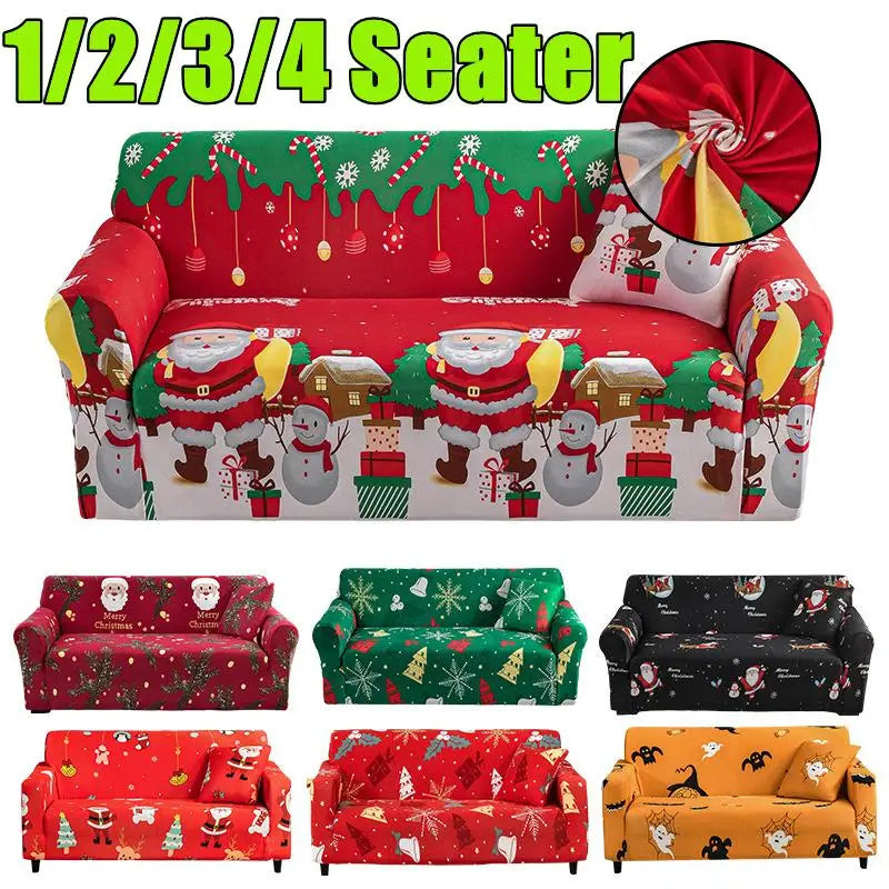Christmas Theme Red-Green Polyester-Spandex 1-4 Seater L-Shape-Sectional Sofas Stretch Non-Slip Slipcovers