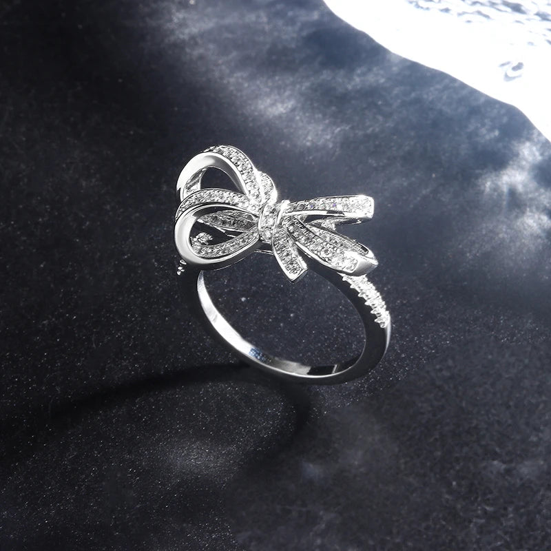 Adult Women Zircon Clear Diamond Stone Sterling Silver Metal Bow Shaped Fine Jewelry Cocktail Design Engagement Rings