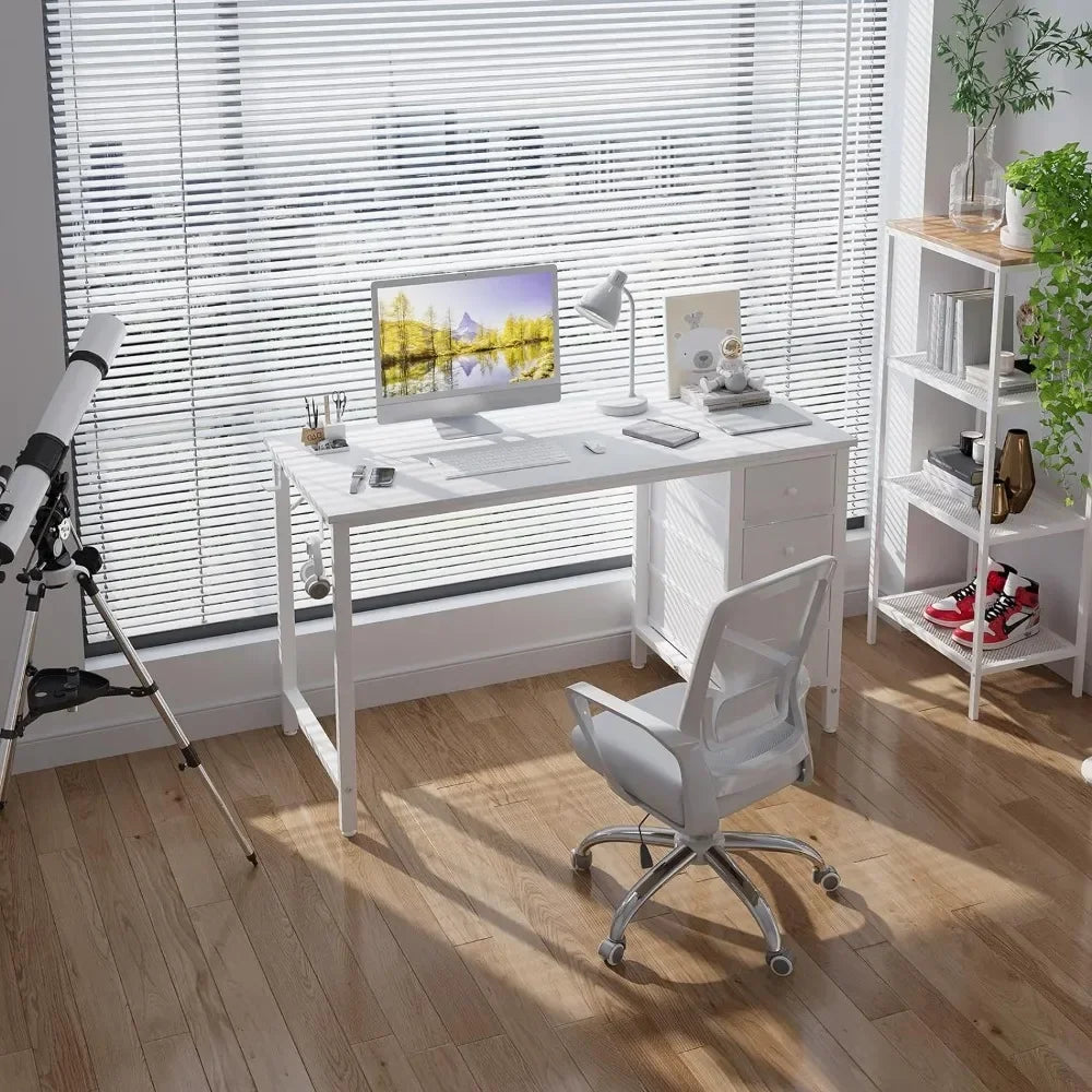 White Modern 2 Iron Side Hooks Free Standing Metal Base Computer Desks-4 Drawers/Dimensions-19.5"D x 47.2"W x 29.5"H