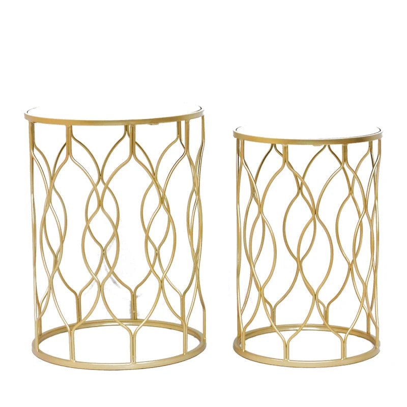 2 pcs Small Round Metal Gold Mirrored Top Surface End Tables/Sizes: 16.14 x 16.14 x 22inch/13.38 x 13.38 x 20inch