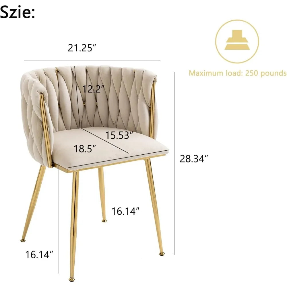 4 pcs Velvet Curved Backrest Woven Upholstered Padded Cushion Tufted Dining Chair Set w/ 4 Gold Metal Legs/Colors-Beige/Gold/Gray/Yellow/Black