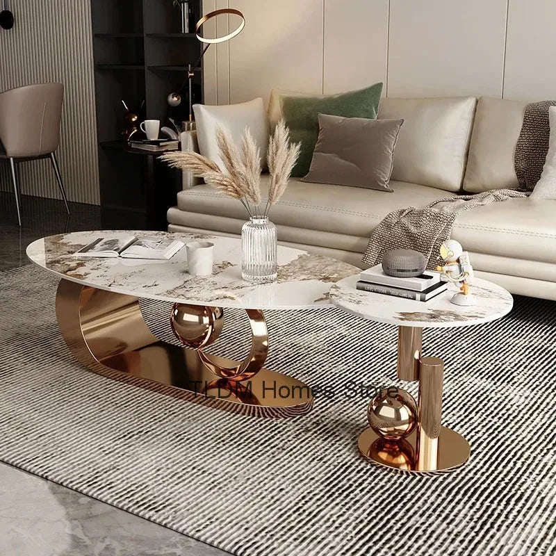 2 pcs Marble Topped Oval-Shaped Coffee Table Gold Colored Metal Base / Small Round Coffee Table Set/ Size: Oval Table 42cm H x 120/130cm W/ Size: Small Round 50cm W x 48cm H