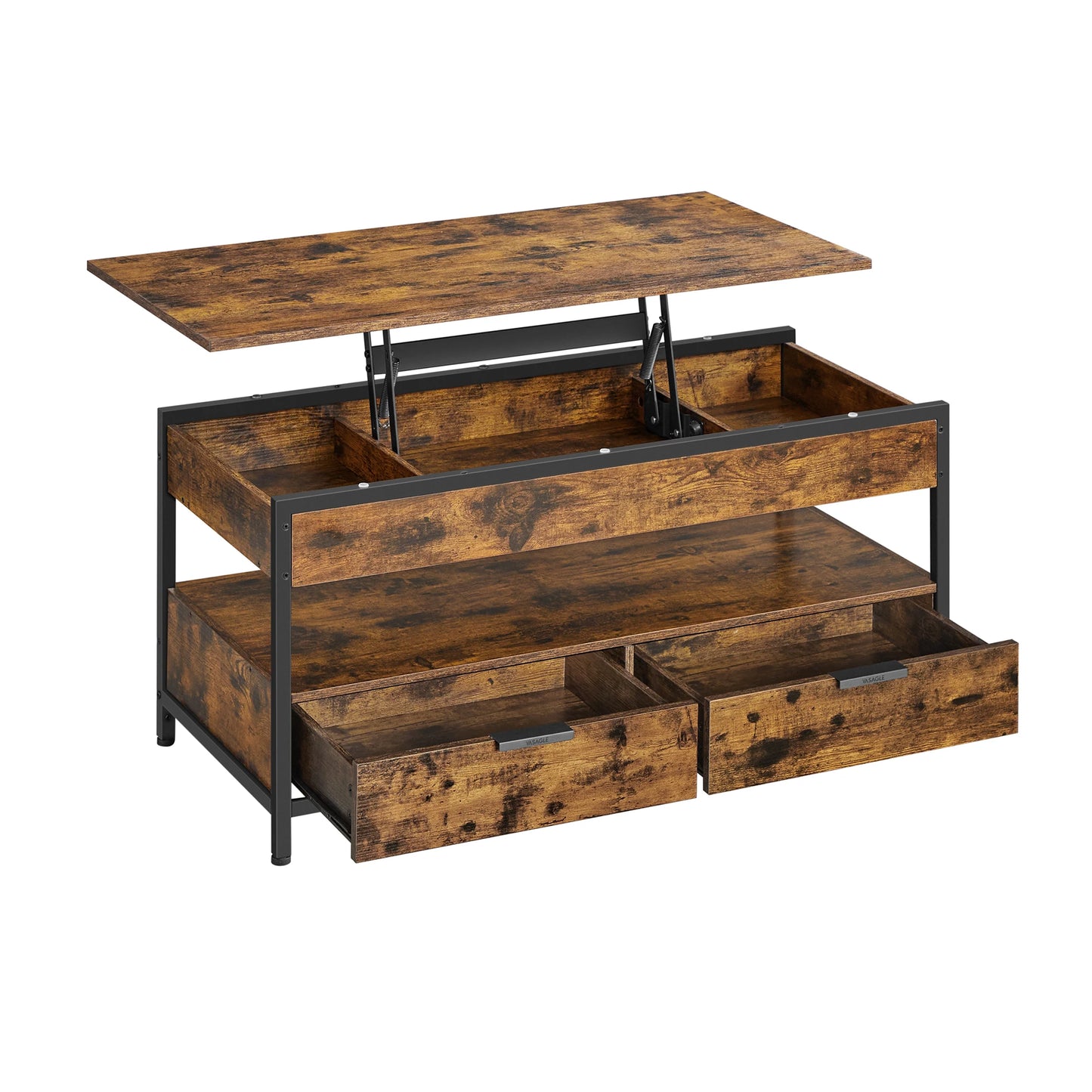 VASAGLE Lift Top Black Metal Frame Coffee Table/2 Storage Drawers/Hidden Compartments/Open Shelves/Colors-Black/Beige/Brown