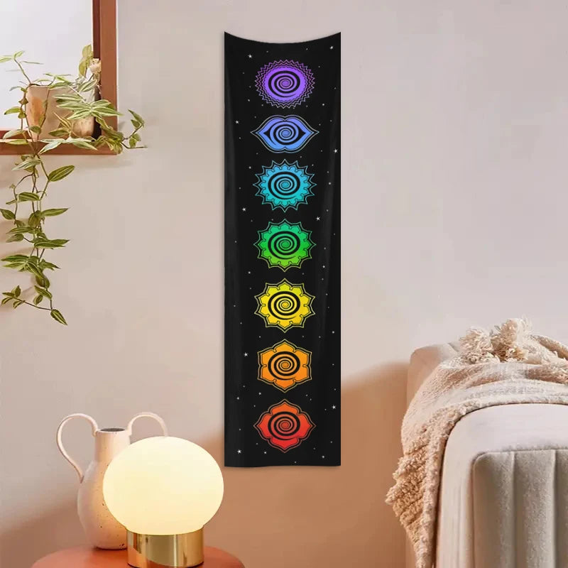 Rectangle Polyester Geometric Black Background White Printed Moon Phrase-Starry Sky Colorful Floral Wall Hanging Tapestries