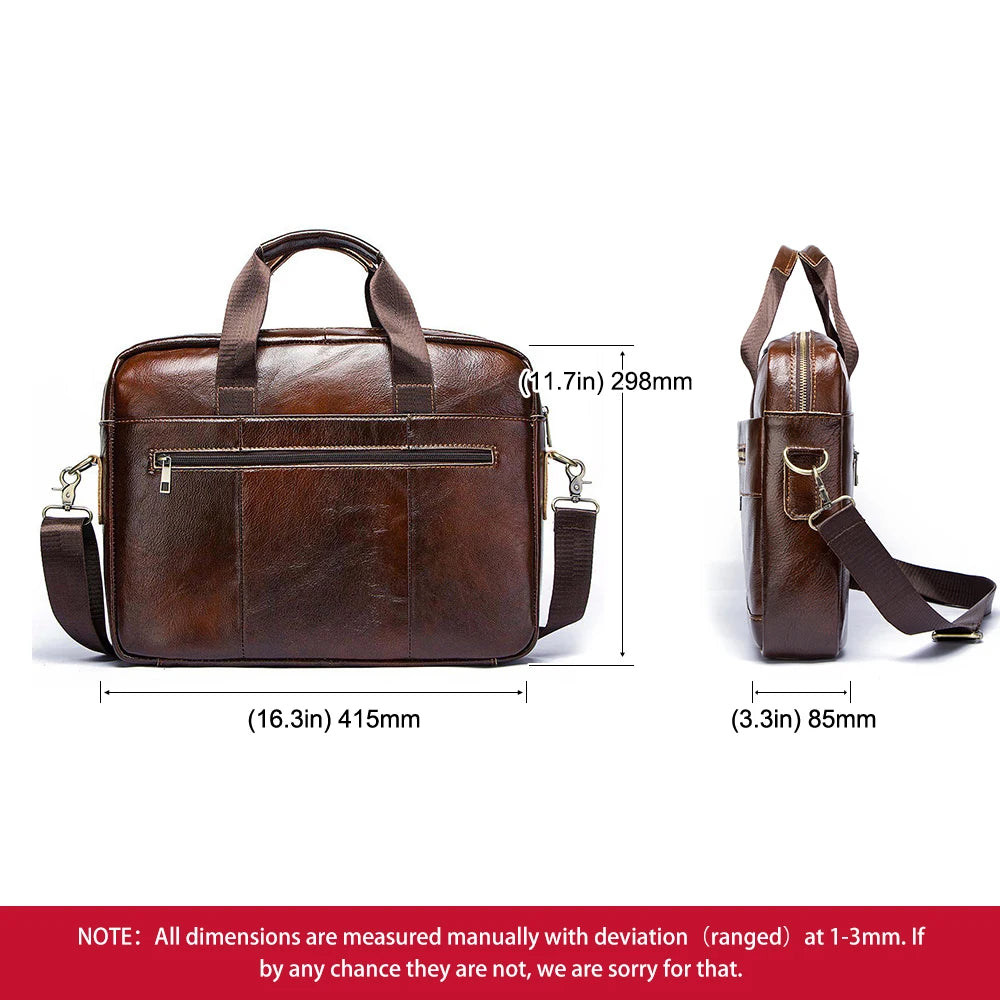 Men Cow Leather Briefcase Zipper Polyester Bags/Shoulder Straps-Handles/Laptop Compartment/Pockets/ Fits 13 Inch MacBook Air Laptop/Colors-Black/Brown