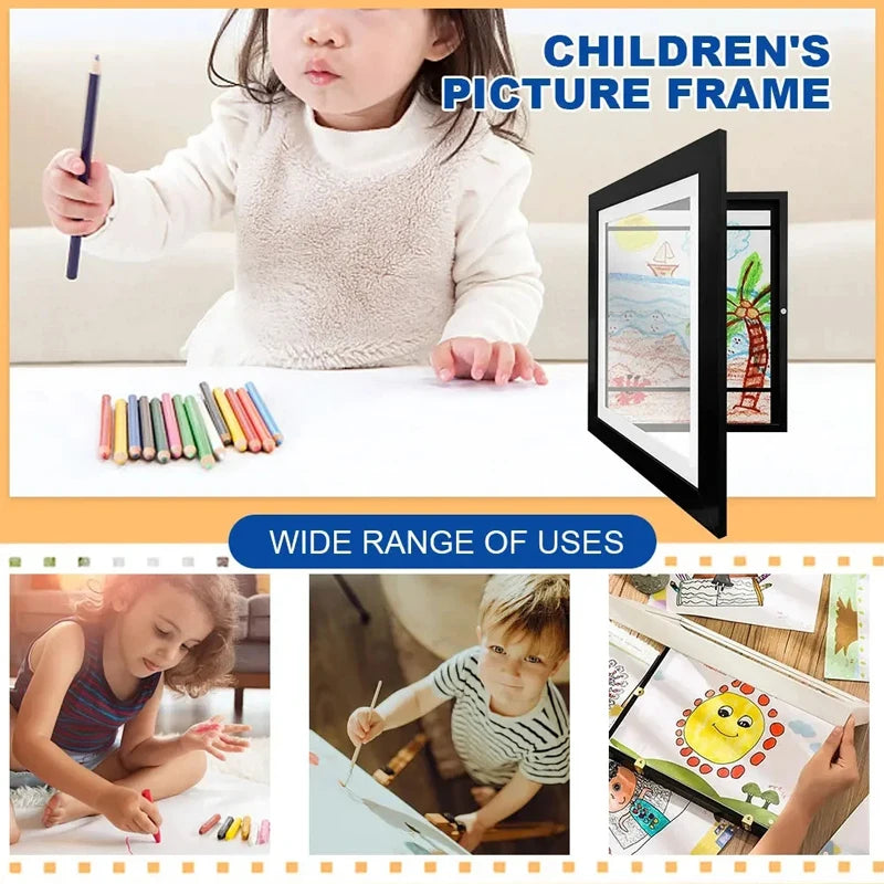 Kids Rectangle Wood Trim Frame Clear Acrylic Magnetic Suction Closure Display A4 Artwork Frames/Colors-Black/Brown/White/Beige/Blue/Elastic Band/Hook