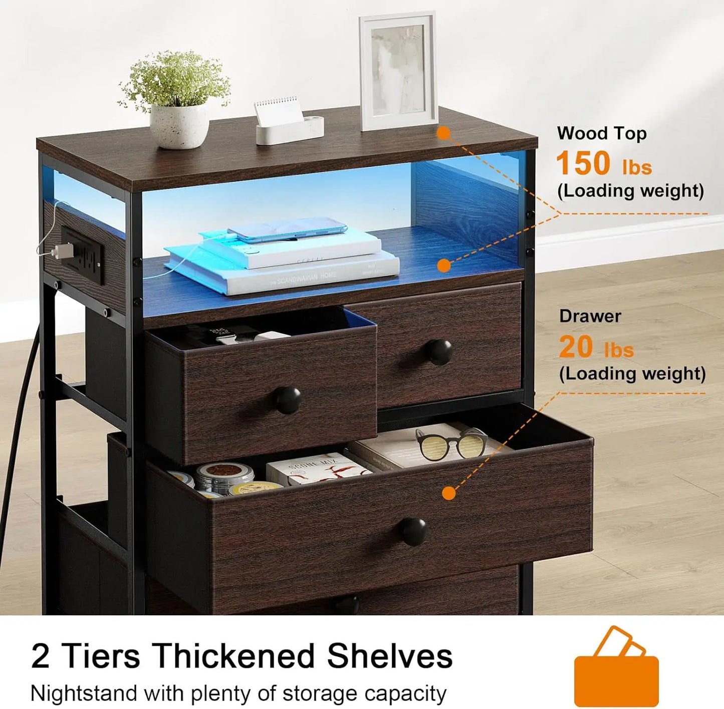 Wood Rustic Brown Nightstands/Charging Station / 4 Drawers /2-Tier Shelves