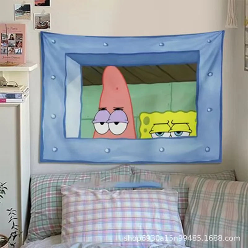 Kids Small Rectangle Polyester Realistic Blue Metal Framed Window Cute Cartoon SpongeBob-Patrick-Star-Mr. Krabs Cloth Tapestries/Ages: 14-18 + Years