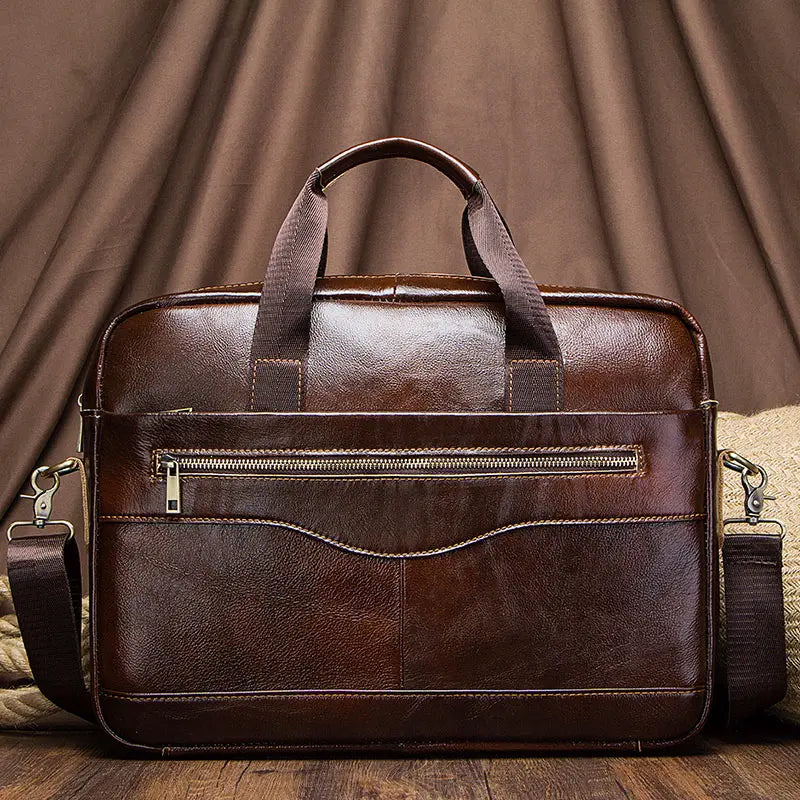 Men Cow Leather Briefcase Zipper Polyester Bags/Shoulder Straps-Handles/Laptop Compartment/Pockets/ Fits 13 Inch MacBook Air Laptop/Colors-Black/Brown