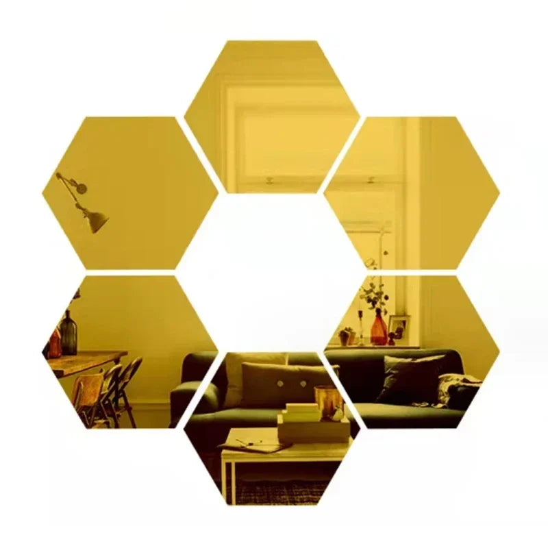 6/12pcs 3D Hexagon Mirror Wall Sticker /Colors-Rose Gold, Blue, Multicolor, Silver, Black, Red, Golden