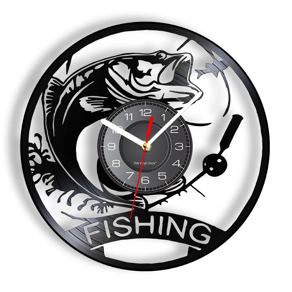 Retro Handmade Plastic Vinyl Record Gone Fishing Silhouette Of Fisherman Catching A Fish With Rod-N-Reel Wall Clocks/Battery Not Included/ 1 AA Battery Size/With-Without LED Light/Colors-Black/Geometric