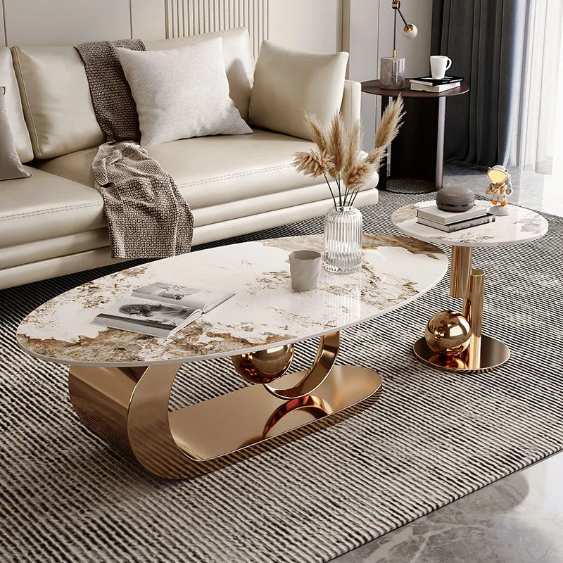 2 pcs Marble Topped Oval-Shaped Coffee Table Gold Colored Metal Base / Small Round Coffee Table Set/ Size: Oval Table 42cm H x 120/130cm W/ Size: Small Round 50cm W x 48cm H