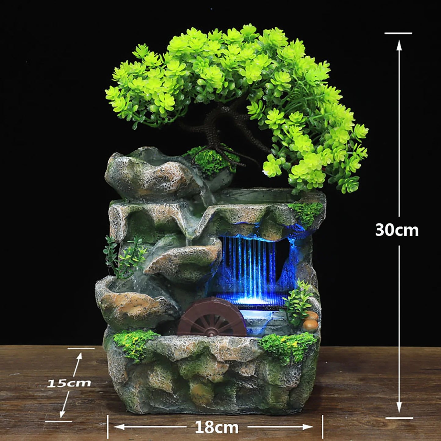 Indoor LED Lights Resin Green Bonsai Tree Gray Rocky Mountain Landscape Brown Wheel Flowing Waterfall Fountains