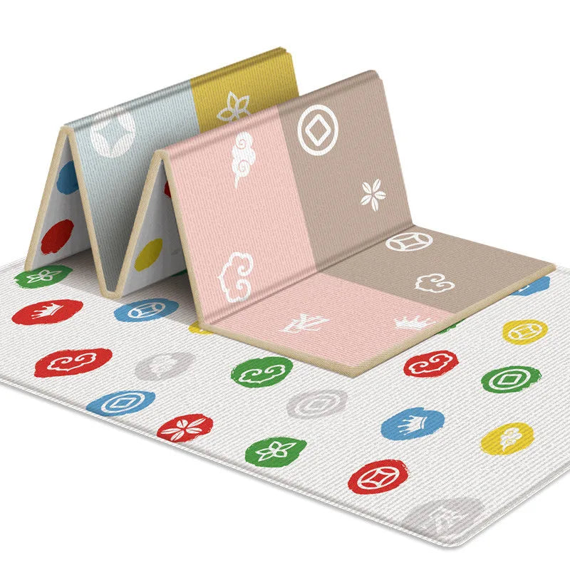 Babies Soft Plastic Waterproof High Rebound Double-Sided Portable Foldable Cute Cartoon Design Crawling Play Mats/Colors-Beige/Floral/Multicolor/Checkered/Geometric/Animal/Dots/Compact Size