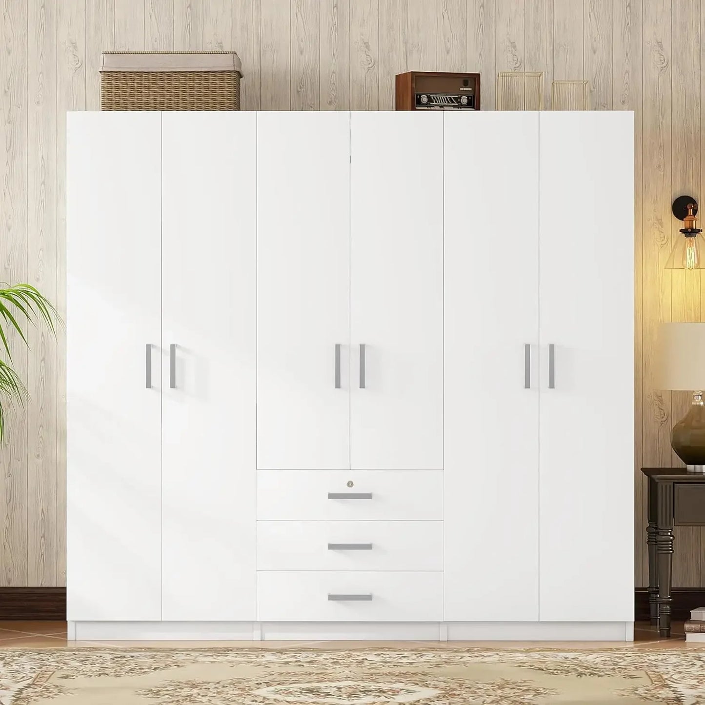 TONGYUE Modern Beige Large Six Doors Three Drawers MDF Wood Triple Wardrobes /Colors-Beige/Brown/White/Gray/ Dimensions: 19.2"D x 70.9"W x 68"H
