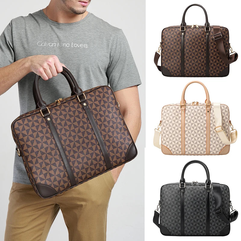 Men Leather Zipper Briefcase Built-In Laptop Compartment Polyester Bags /Shoulder Straps/Soft Handles/Slit Internal Pockets/Colors-Black/Brown