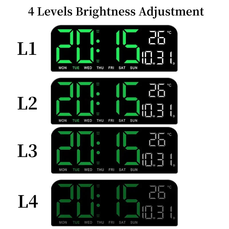 Creative HD Screen Black Abstract Rectangle Wall Mounted LED Auto-Dimmer-Light-Sensing Plastic Digital Adjustable Brightness 12-24H Switching Two Alarm Clocks/Temperature/Date/Time