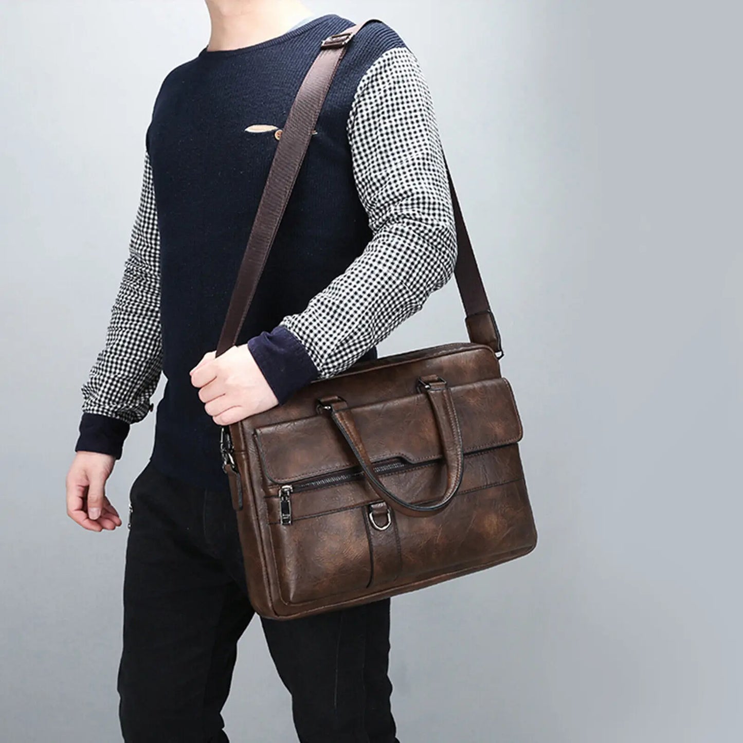 Men Waterproof Split Leather Zipper Briefcase Polyester Bags/Handles/ Shoulder Straps/Fits 14 Inch Laptop/Adjustable-Removable Strap/Single-Laptop Compartments/External Pockets/Colors-Black/Brown