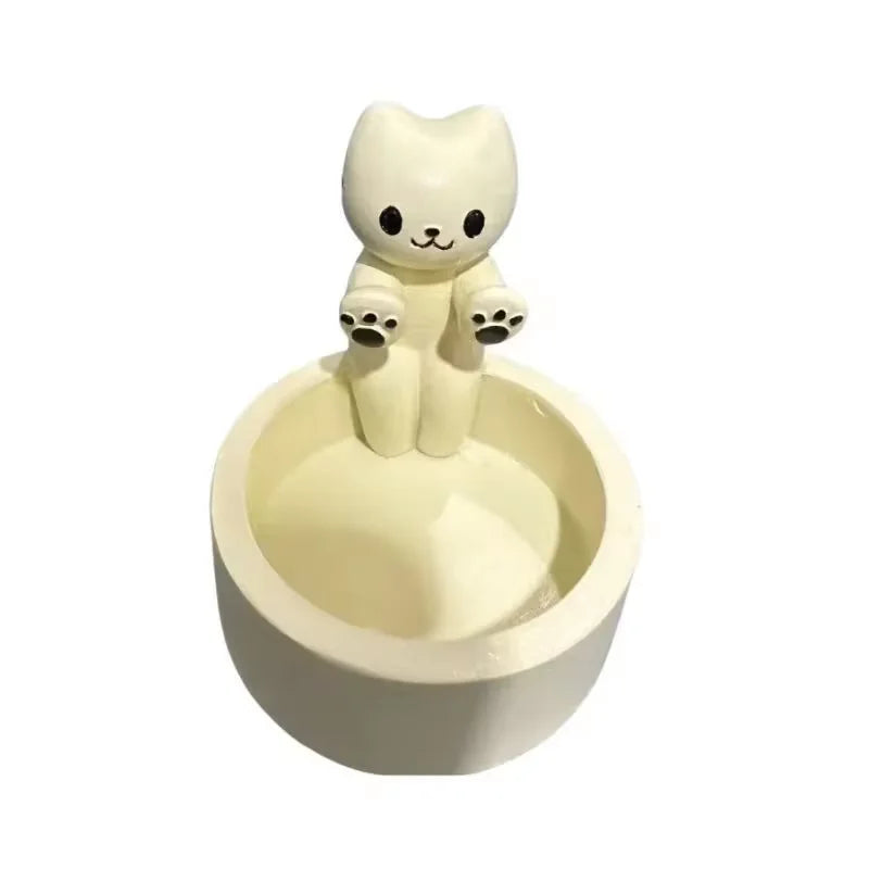 White Creative Cute Resin Cartoon Cat Sitting Down On Edge Of Candleholders