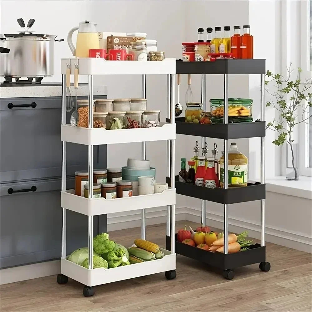 Kitchen Black-White 3-4 Tiers Shelves Non-Folding Slim Storage Plastic Carts/360 Rotation-4 Plastic Wheels/Colors/White, Black